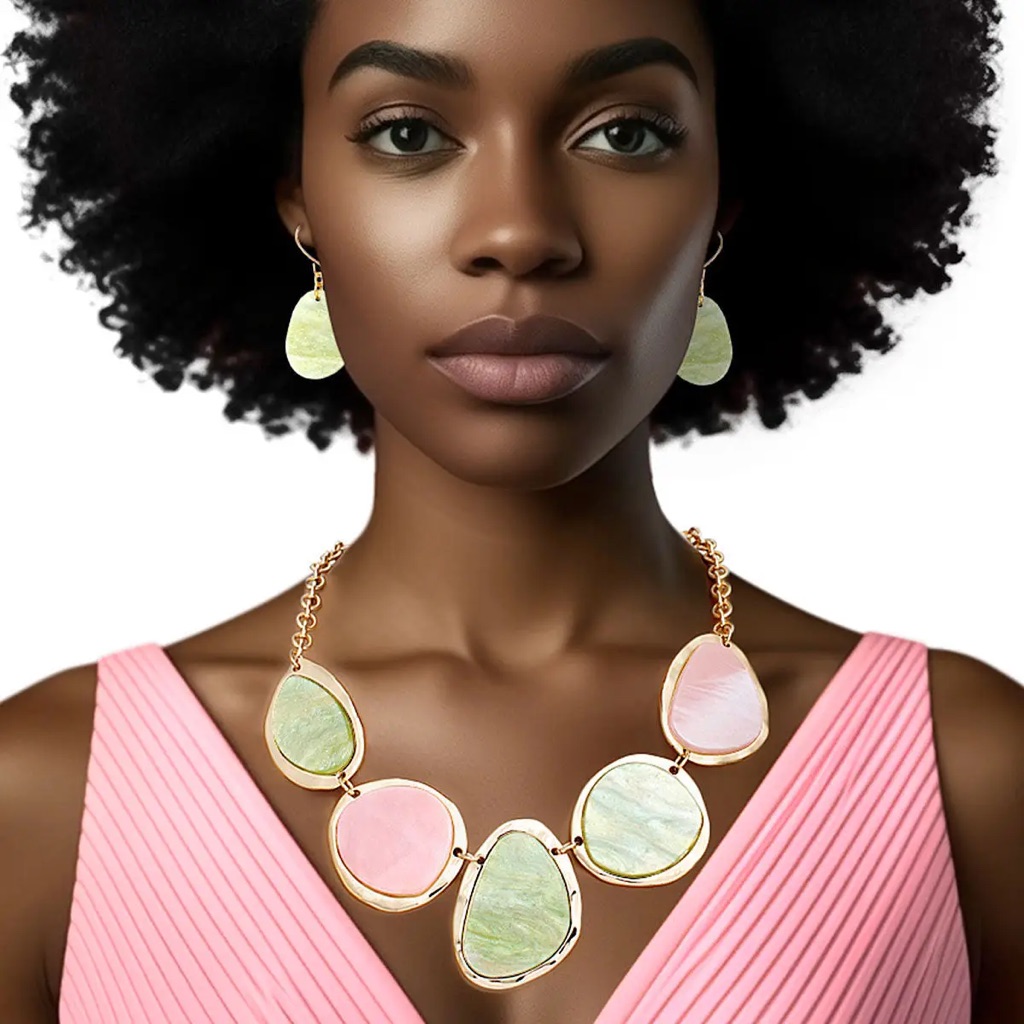 Aka Marbled Pink Green Gold Chain Necklace With Earrings For Women 45$